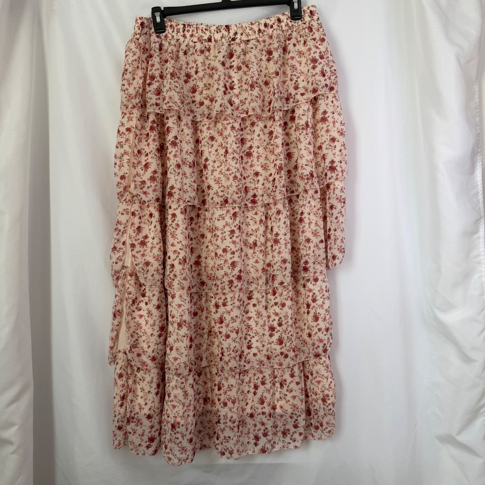 Floral Tiered Maxi Skirt Cream Burgundy Ruffle Elastic 1X‎ NWT Boho Cottagecore